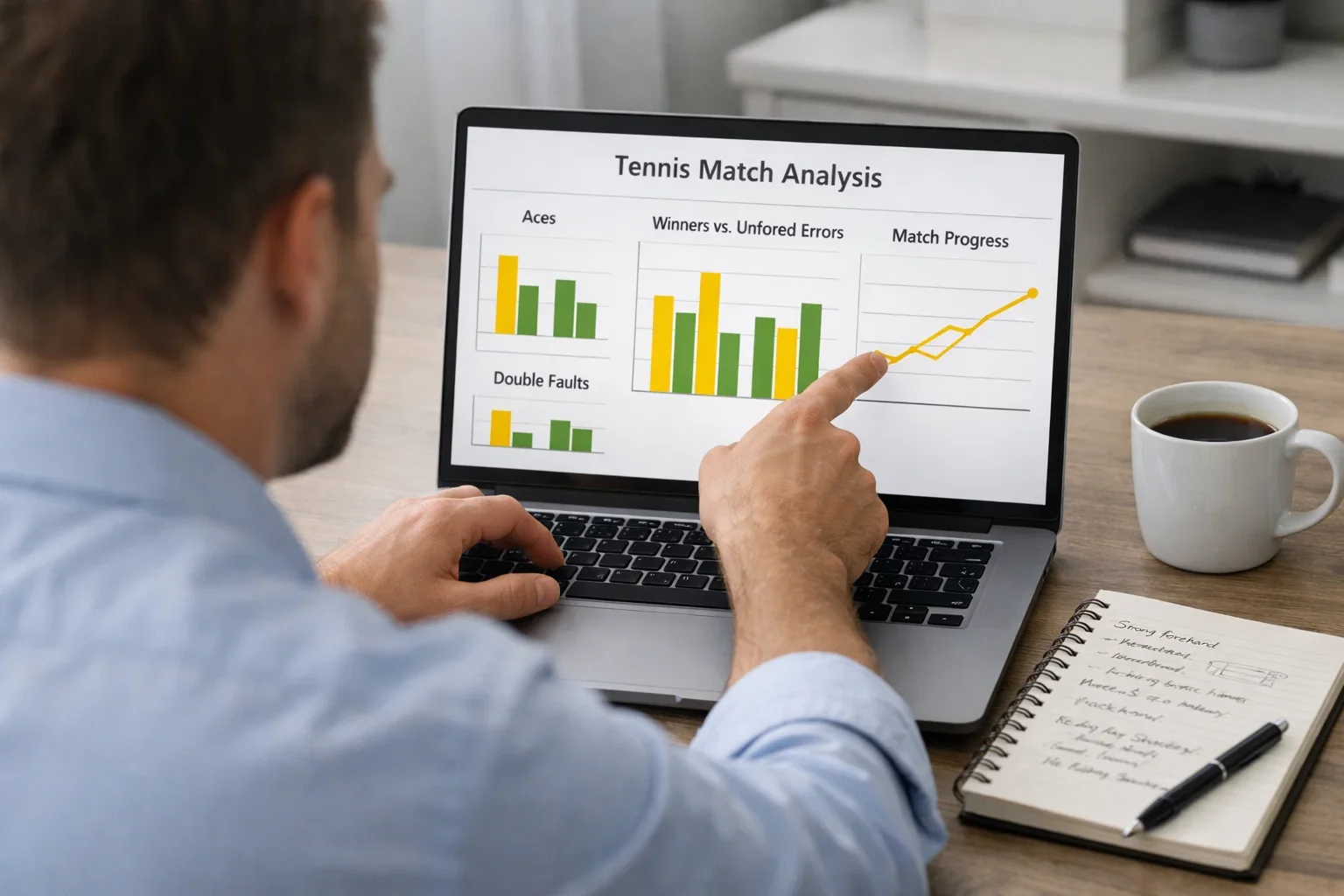 Personne analysant des statistiques de tennis sur un ordinateur portable