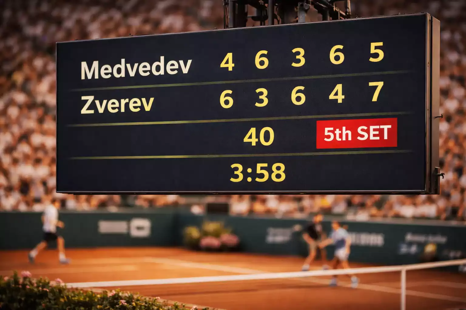 Scoreboard de tennis affichant un match serré en cinq sets