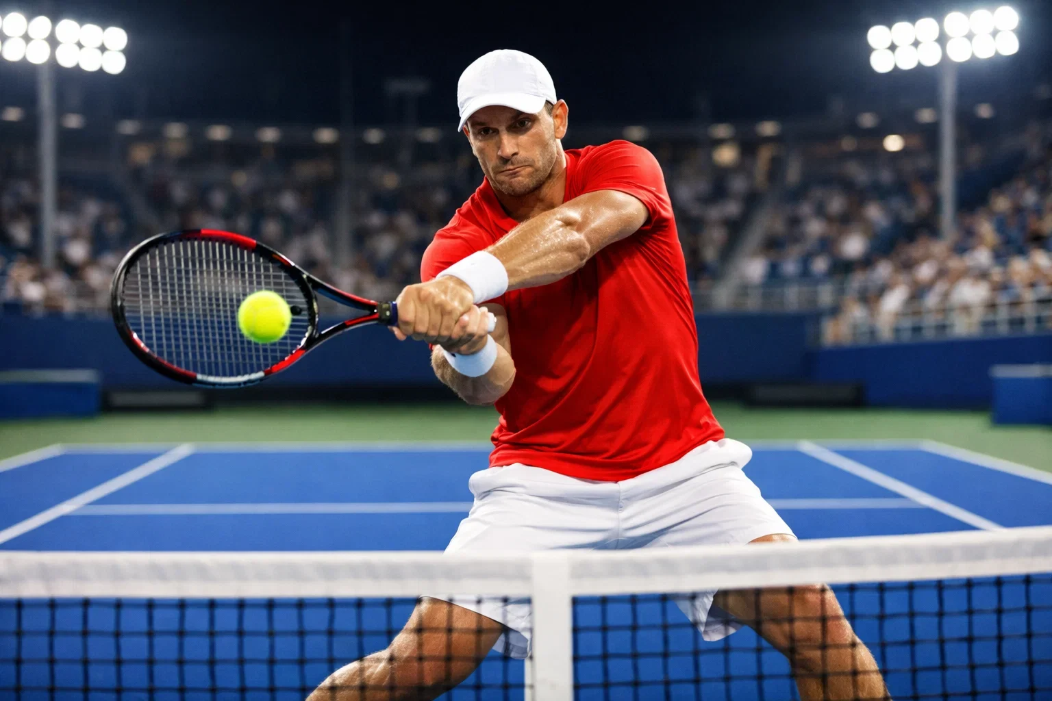 Joueur de tennis sur court dur bleu