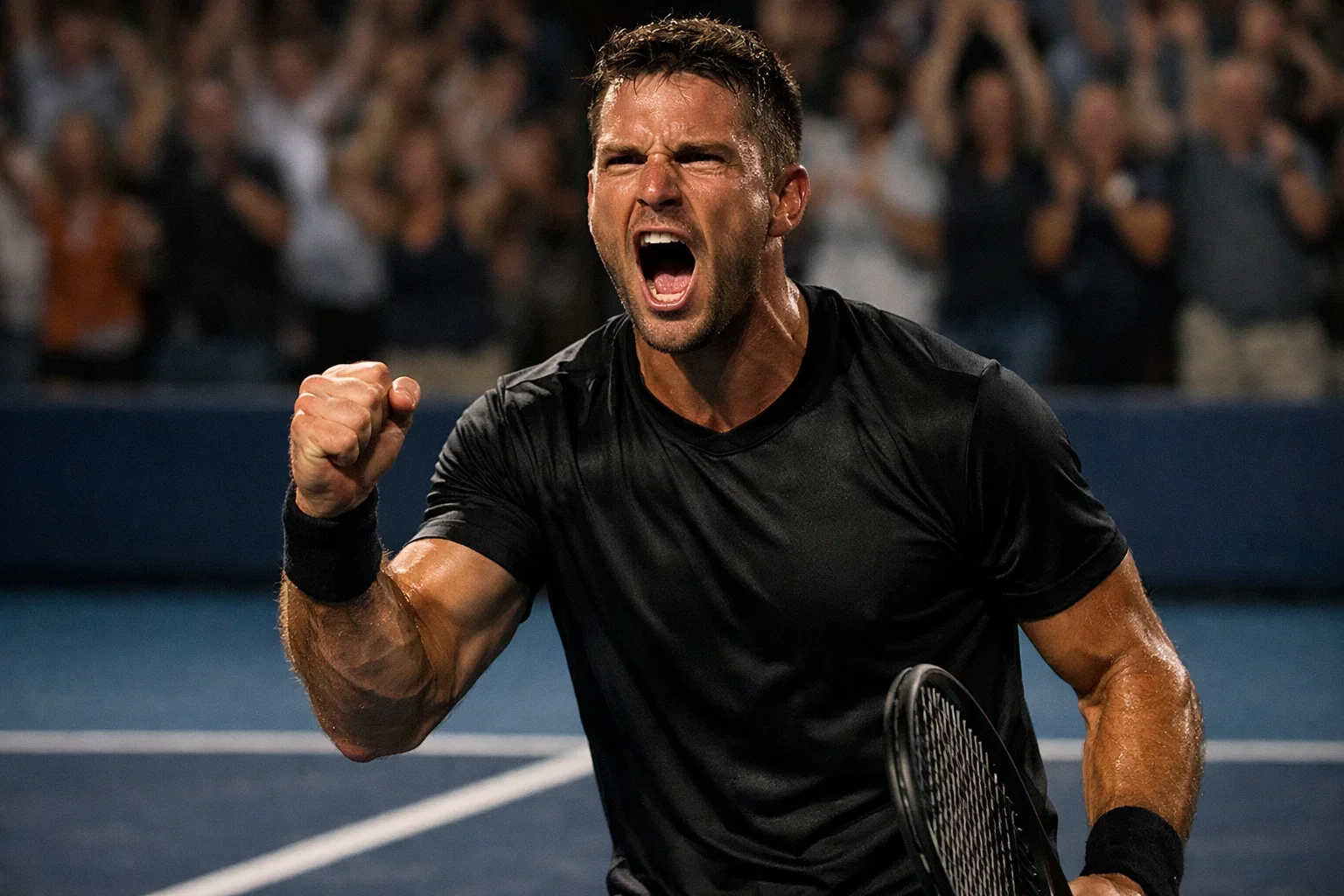 Joueur de tennis en pleine confiance levant le poing