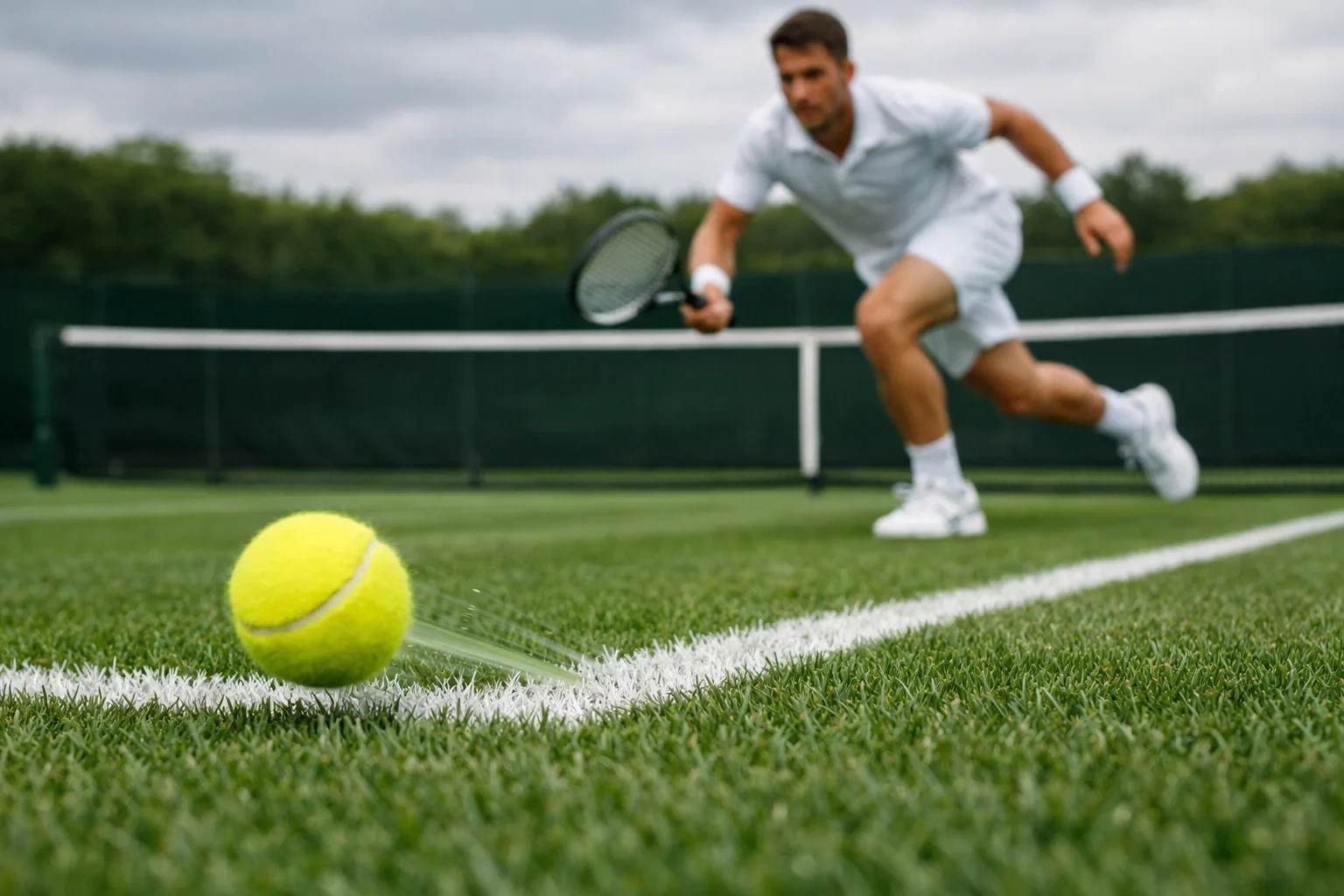 Match de tennis sur gazon avec rebond bas