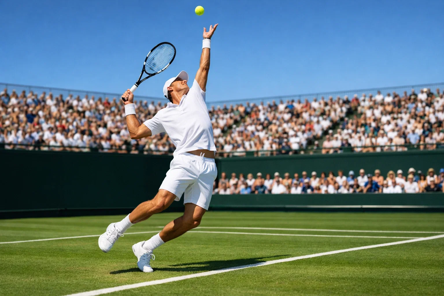 Joueur de tennis effectuant un service puissant sur gazon