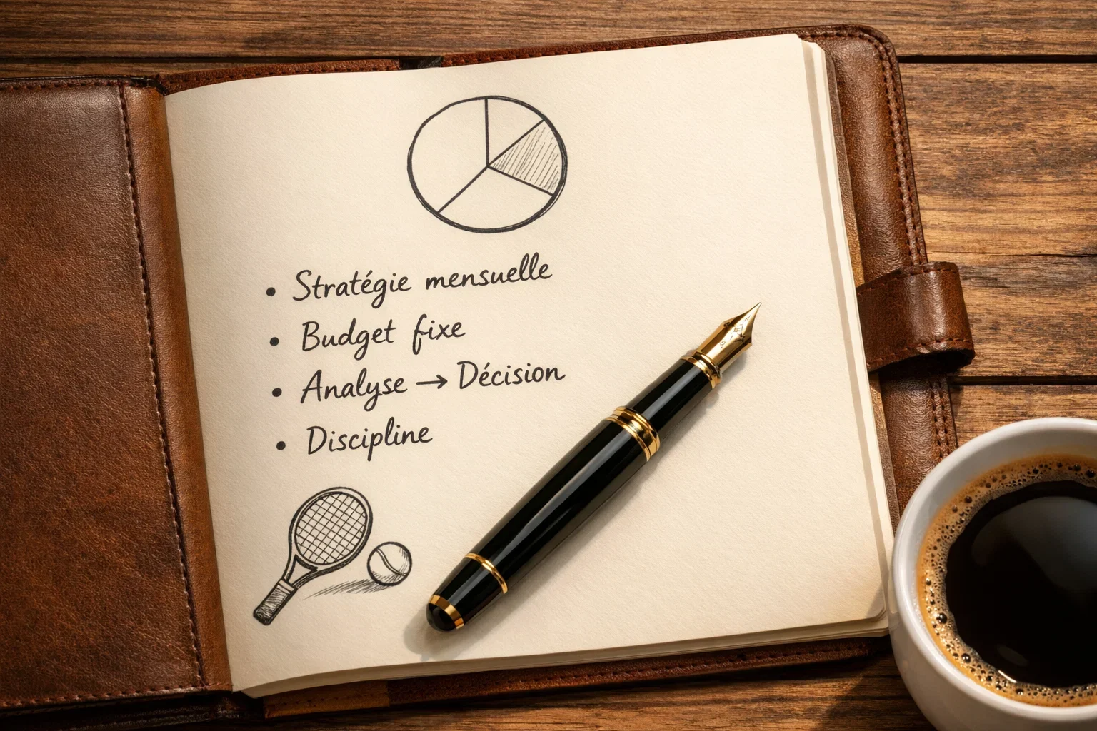 Carnet de notes avec stratégie de paris et stylo sur un bureau