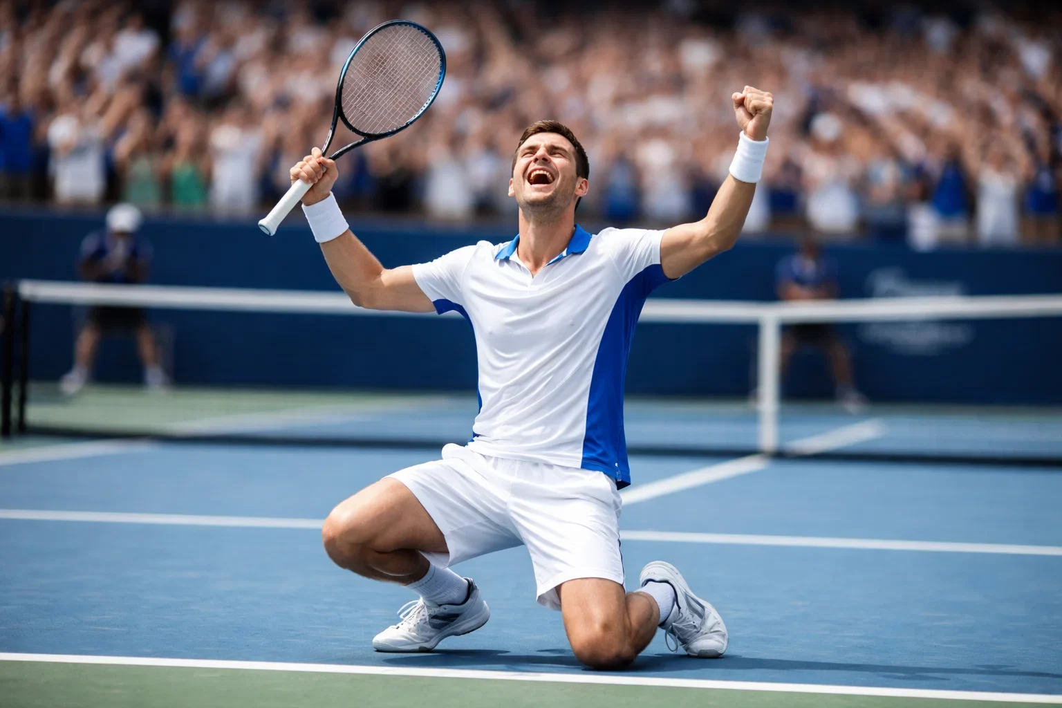 Joueur de tennis célébrant sa victoire sur le court