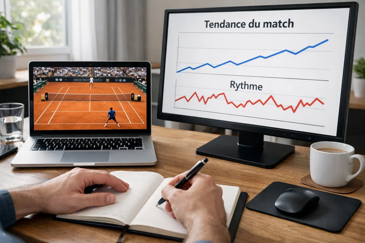 Ordinateur portable avec streaming de tennis et statistiques