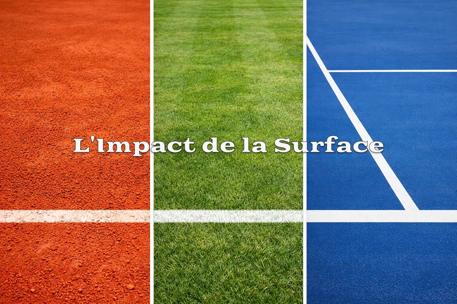 Vue de trois types de surfaces de tennis : terre battue, gazon et dur