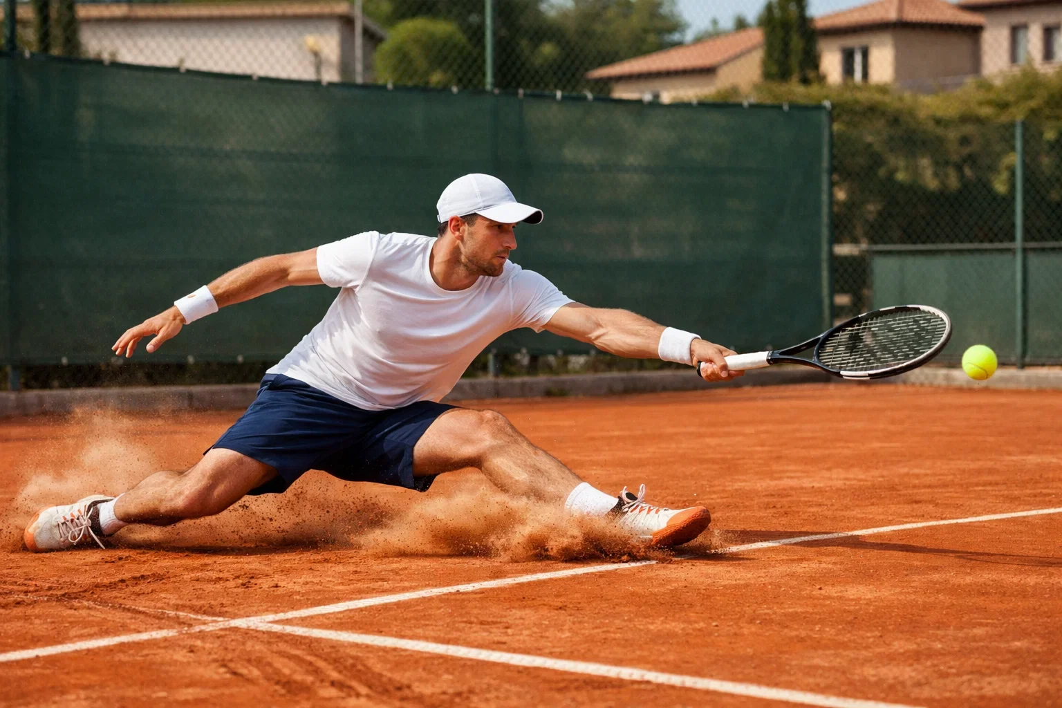 Joueur de tennis glissant sur terre battue rouge